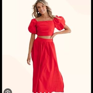 Red two piece high waisted maxi skirt set